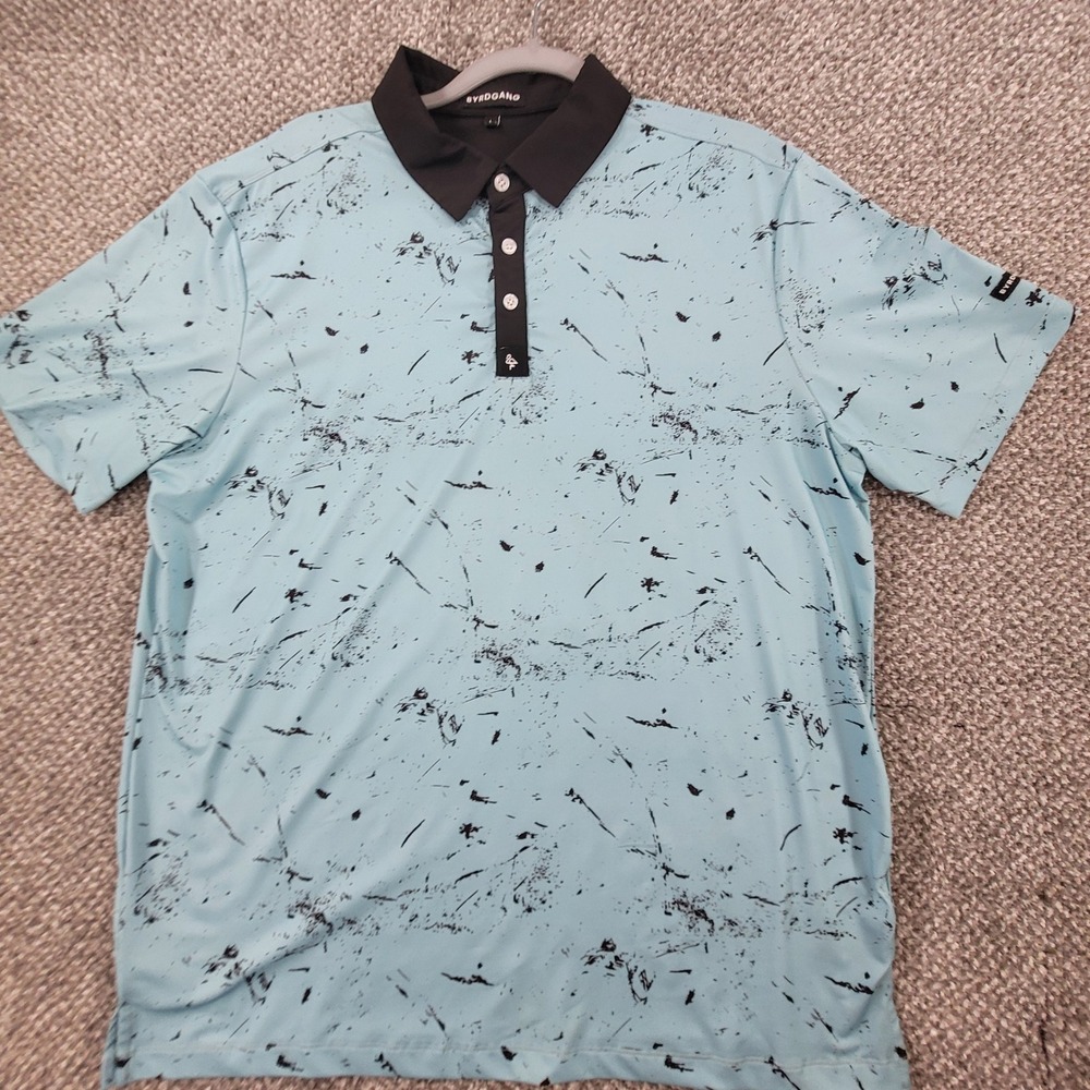 Byrdgang Mens Large Polo Shirt Blue Black Splatter Print‎ Performance Golf Short